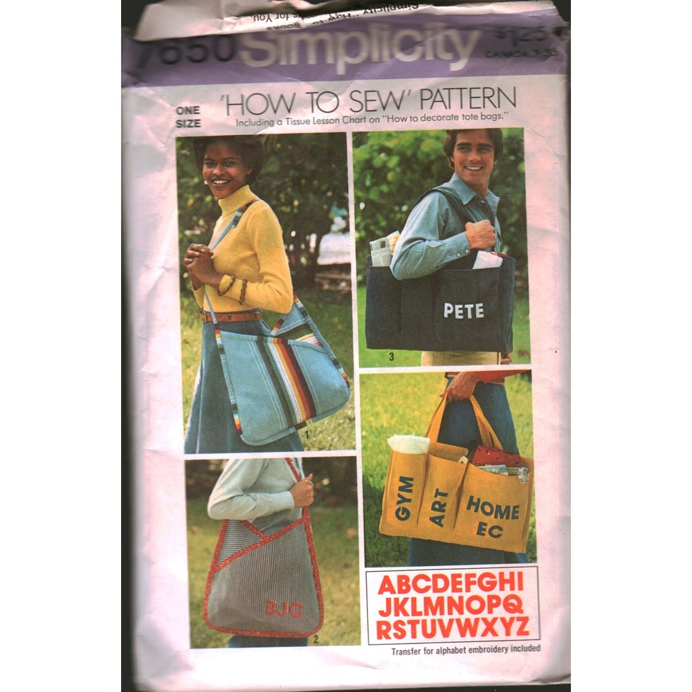 Vintage 1976 Simplicity 7650 Tote Bag Sewing‎ Pattern Alphabet Transfer One Size